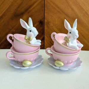 2 Easter Bunny Teacup Figurine Pink Stacked Cups Gold Egg Easter Decor Accent